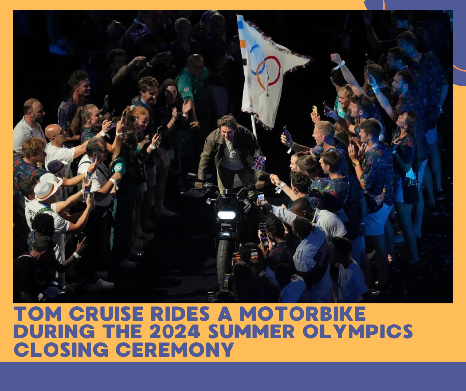 Tom Cruise rides a motorbike during the 2024 Summer Olympics closing ceremony